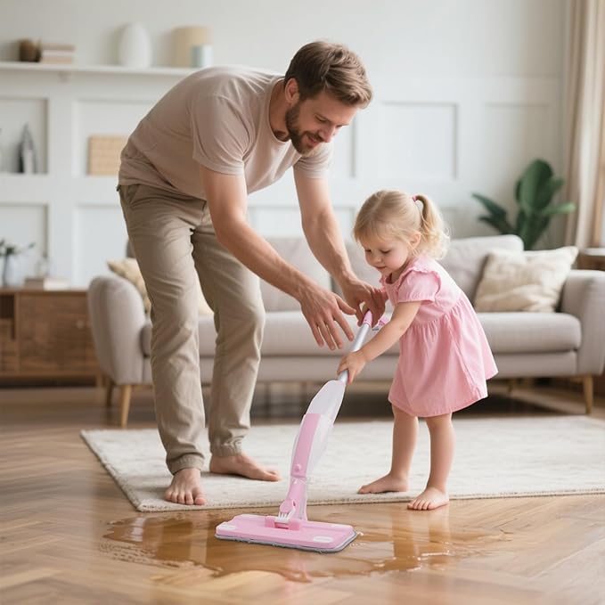 Kids Spray Mop Pink, Real Working Water-Spraying Toy, Montessori Mini Mop with 2 Microfiber Washable Pads, Toddler Cleaning Set for Floor, Christmas Birthday Gifts for Age 3 4 5 6 7 8