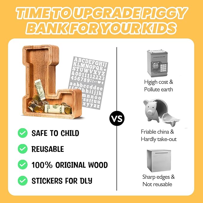KMC Wooden Letter Piggy Bank, Personalized Initial Piggy Bank for Kids Boys, Clear Alphabet L Wood Money Box, Unbreakable Coin Saving Jar, Birthday, for Children