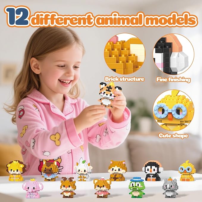 12 Pack Animals Building Block Sets,Micro Mini Animals Party Favors for Kids, Birthday Gift for Boy Girl(1,691 Pieces)