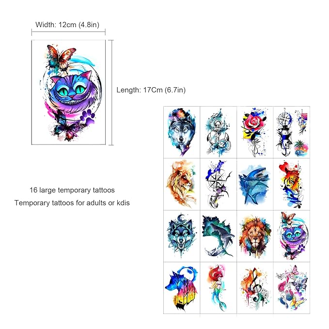 48 Watercolor temporary tattoos for adult and kids,Arm tattoo, body tattoo, watercolor lion wolf mermaid cat tiger,waterproof temporary tattoos realistic for women girls and kids, colourful