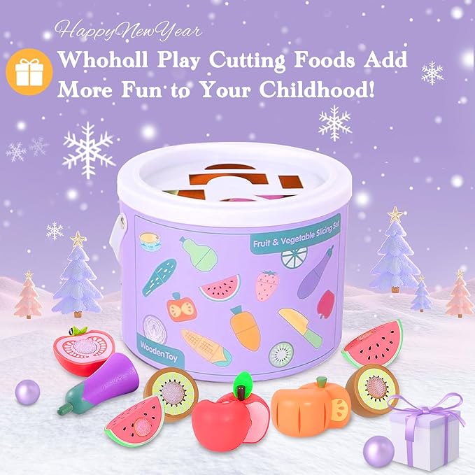 WHOHOLL Play Food Set for Play Kitchen Accessories, Wooden Toys Food Pretend Cutting Food with Apron, Montessori Velcro Fruit and Veggies for Toddlers 3+ Years Old Girls Boys