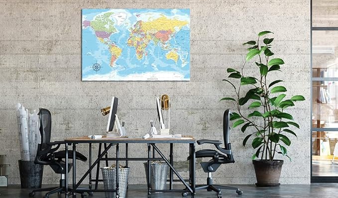 artgeist Pinboard World Map 35x24 in - Cork Board & Canvas Print Wall Art 1 pcs Memoboard with 50 Pins Noticeboard Message Board Image Picture Home Decor Travel Map Map of The World k-C-0128-p-a