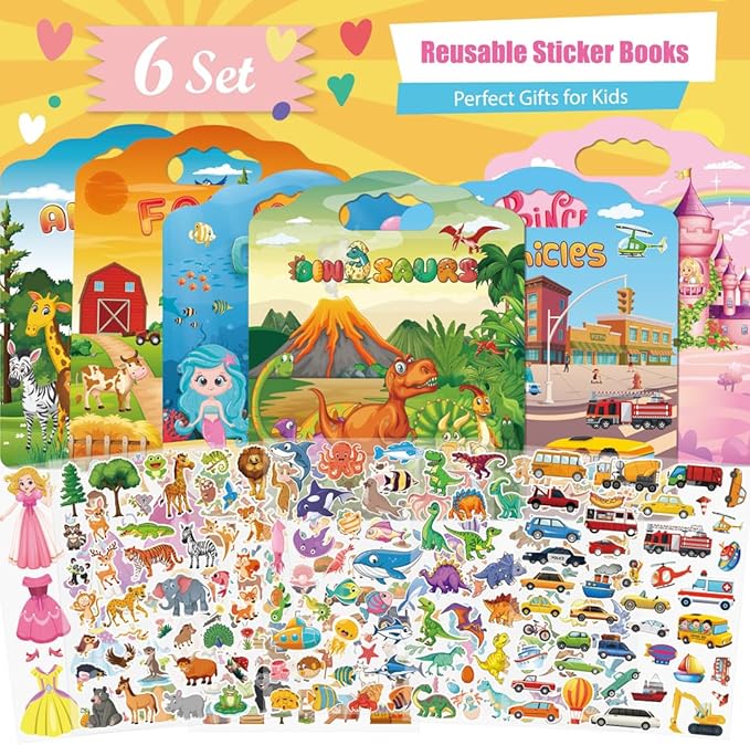 6Set Reusable Sticker Books for Toddlers 2-4 Years, Toddler Sticker Books Ages 1-3, Kids Puffy Activity Book Set Include Animal,Farm,Princess,Vehicles,Ocean,Dinosaurs