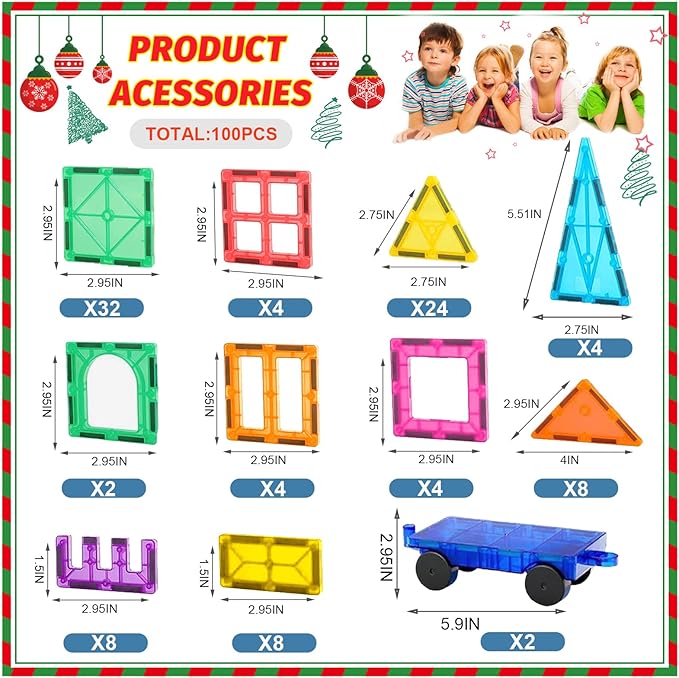 100PCS Magnetic Tiles Blocks for Kids Ages 3-5 4-8 with 2 Cars,STEM Learning Educational Preschool Magnet Building Toys for Toddlers,Christmas Birthday Gifts Toys for 3 4 5 6 7 8+ Year Old Boys Girls