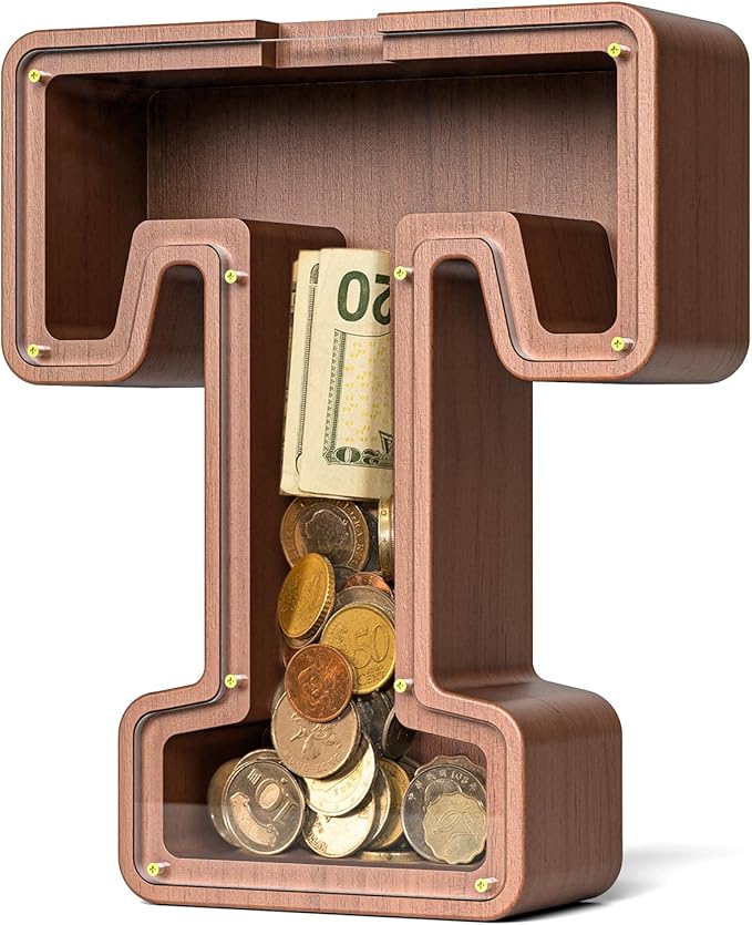 Summidate Wooden Letter Piggy Bank, Extra Thick Large Capacity Piggy Bank for Kids Boys Girls Toddler, Alphabet T Money Bank| Coin Box Birthday, Christmas, Festival