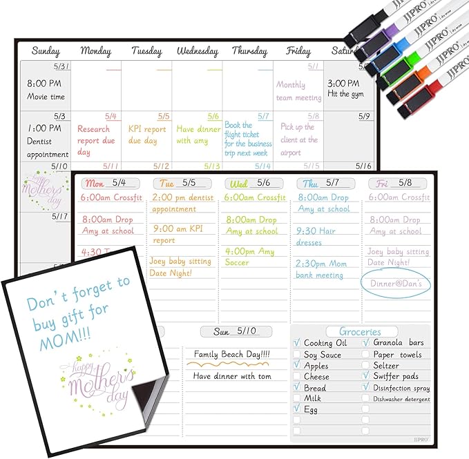 JJPRO Magnetic Dry Erase Monthly Calendar and Weekly Whiteboard for Fridge-Monthly Planner,Weekly Dry Erase Board for Refrigerators,One Bonus Notepad/to Do/Grocery List