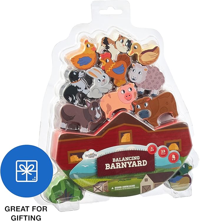 Imagination Generation Wooden Wonders Balancing Playset | Develops Dexterity, Motor Skills, Sharing Skills | Safe Wood & Paint | 13 PC Barnyard Playset