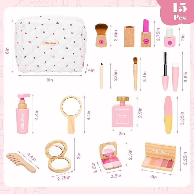 Wooden Makeup Toy Set, Pretend Play Makeup Kit for Toddlers Realistic Beauty Salon Set for Girls with Eyeshadow Lipstick Perfume Brush and Cosmetic Bag Birthday Gifts for Girls Toys Kids Aged 3 4 5 6