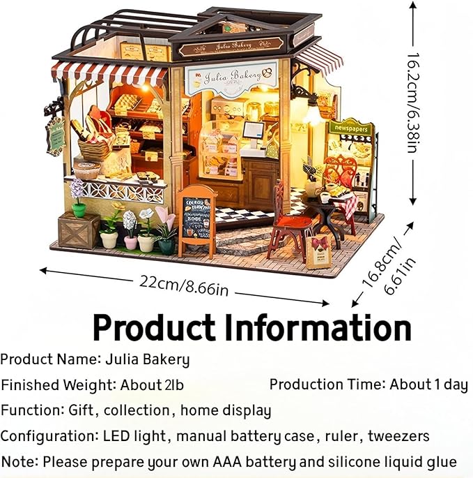 DIY Miniature House Kit, Tiny House Kit with LED, DIY Miniature Kit for Adults Teen, Wooden Dollhouse Kit, Home Decor, Bakery