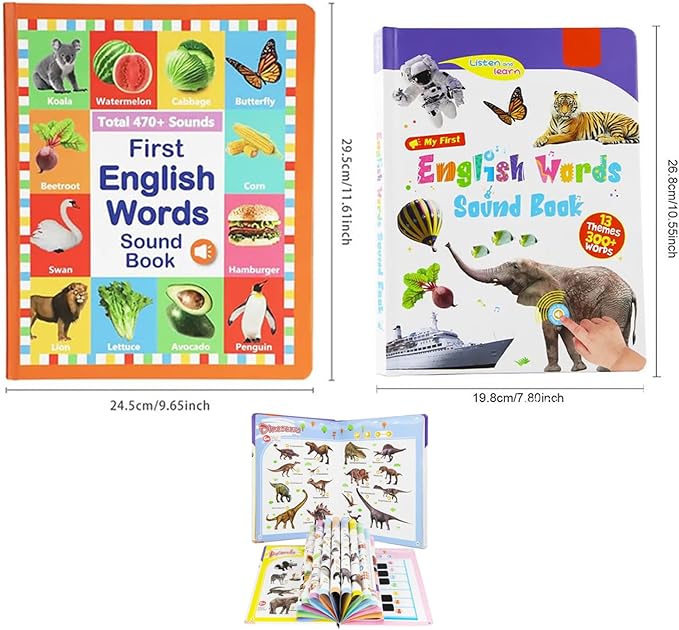 My First English Words Sound Book Toy, English Learning Talking Book for Kids 2 - 6 Years Old, Interactive Electronic Audio Toddler Books, 470+ Words, 21 Themes, Press to Learn Phonics (Two-Book Set)