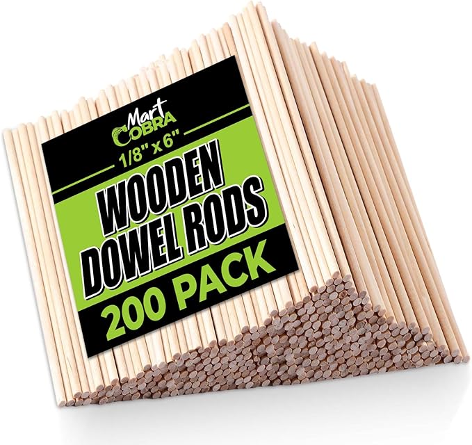 Mart Cobra Wooden Dowel Rods - 200 Pack– 1/8" x 6" Precut Birch Hardwood Dowels, Craft Sticks – Smooth, Food Safe – Small Wood Rods for Art, Crafting, Modeling, Centerpieces, Lollipop Sticks for Craft
