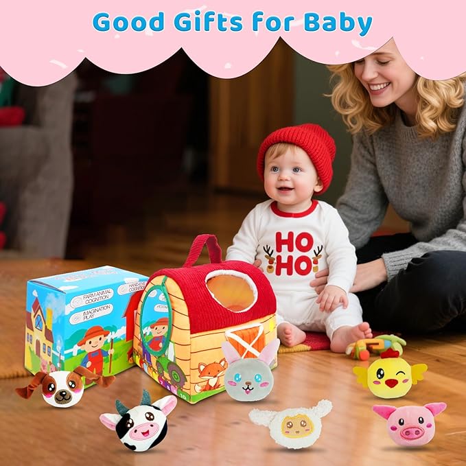 RedCrab Farm Animal Baby Toys for 6-12 Months, Soft Barn with 6PCS Stuffed Farm Animals, Rattle, Crinkle, Mirror, Sensory Toys for 6-12 Months, Montessori Toy Gift for Infants & Toddlers Birthday