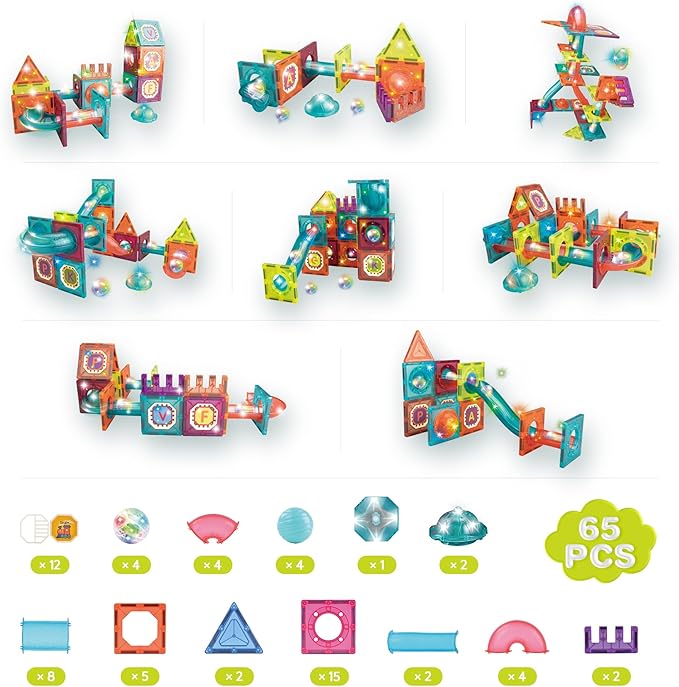 Contixo STEM Building Toys - 65 pcs Marble 3D Magnetic Run Tiles Learning Stacking Educational Building Blocks Set, Creativity Beyond Imagination, Inspirational, Recreational Toy for Kids, Ideal Gifts