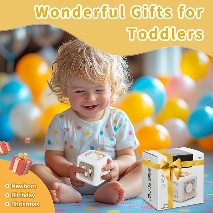 Baby Activity Cube Montessori Toys for 1 Year Old, Car Travel Airplane Toys for Toddlers 1-3, Busy Board for Babies 12-18 Months, Birthday Gift for 1 Year Old Boys Girls, Gray