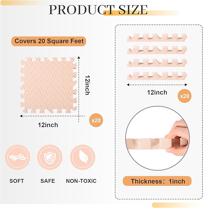 20 Tiles 12x12x1 Inch EVA Thick Interlocking Foam Floor Tiles Puzzle Exercise Mat Play Foam Mats for Boys Girls Baby Pets Home Classroom Nursery Gym(Beige)