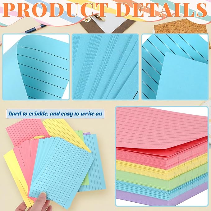 Tecmisse Colored Index Cards 4x6, 165 Pack, Ruled Note Cards, Flash Cards for Studying, Heavy Notecards for Office and School, One Side Lined, One Side Blank