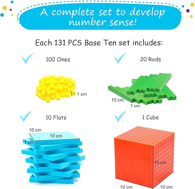 Simply magic 131 PCS Base Ten Blocks for Math - Place Value Blocks, Base 10 Math Manipulatives K-3, Math Counters, Number Blocks, Math Cubes for Kids, Counting Blocks - Kindergarten 1st 2nd 3rd Grade