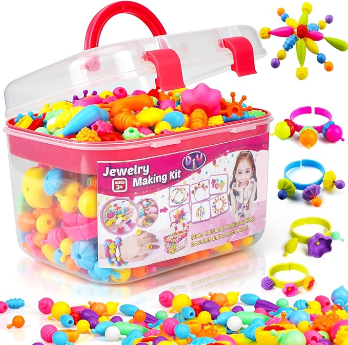 FUNZBO 520+ Snap Pop Beads - Jewelry Making Kit for Kids, Arts and Crafts for Kids Ages 4-8, Toys for 3 4 5 6 Years Old Girls Birthday Gifts Ideas, Bracelet Necklace Ring Snap Set for Little Girls