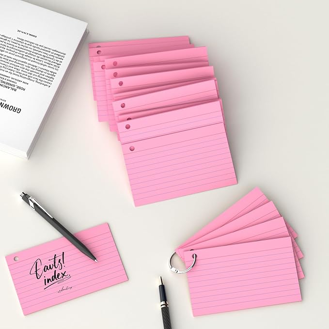 250 Count Pink Index Cards 3x5 Inch with Key Ring, Color Flash Index Card (50 Sheets Each), Durable & Portable Note Taking for Students, Teachers, Study Note Cards for Office Home School