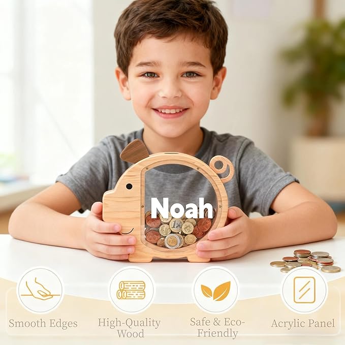 Personalized Wooden Piggy Bank for Kids Large, Custom Name Money Bank for Boys Girls, Cute Unbreakable Wood Savings Jar Money Box, Birthday for Child, Room Décor