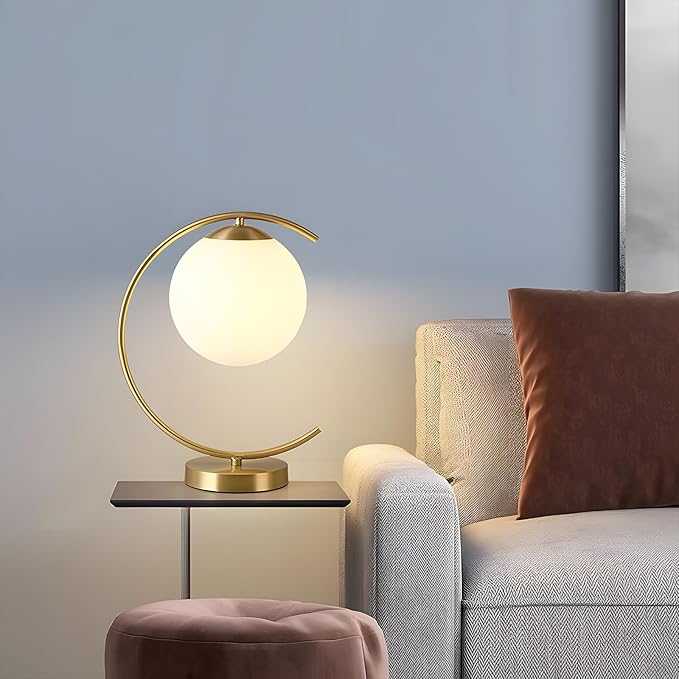 KCO Lighting Mid-Century Bedside Table Lamp Modern Glass Ball Desk Lamp Gold Reading Lamp Moon Shape Metal Table Light for Bedroom Living Room Office