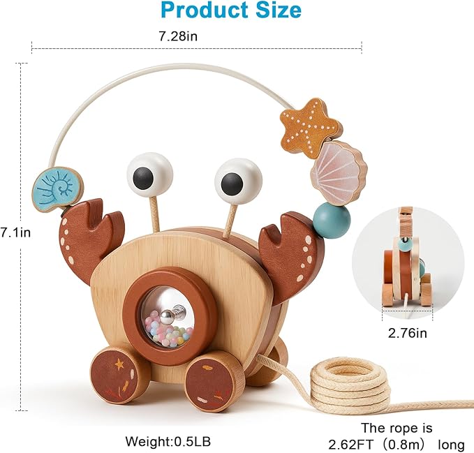 Pull Along Walking Toys. Wooden Crab Push and Pull Toy with Bead Maze, Wire Roller Coaster. Montessori Early Development Toy for Babies and Toddlers