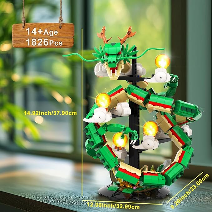 Dragon Building Set for Adult Boys Girls 14+, 1826 Pcs Chinese Loong with 7 Light Beads Collectible Display Model Home Office Decor, Animal Toy Building Block Set, Creative Birthday Gifts