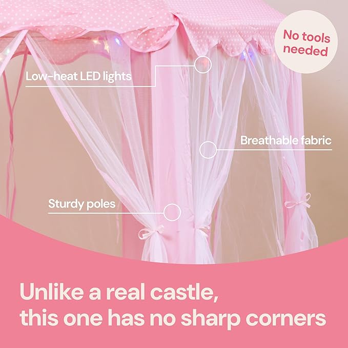 PLAYVIBE Princess Tent - 55 x 53 in, Toddler - Starry LED Lights Kids Tent - Cozy Indoor Playhouse - Portable & Easy Assembly Toddler Playhouse