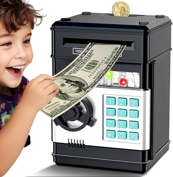 Electronic Piggy Bank for Kids Ages 5-12, Password Lock ATM Safe Bank with Auto Bill Roller, Educational Money Toy, Cash Coin Savings Box for Birthday Gifts Boys & Girls 5 6 7 8 9 10