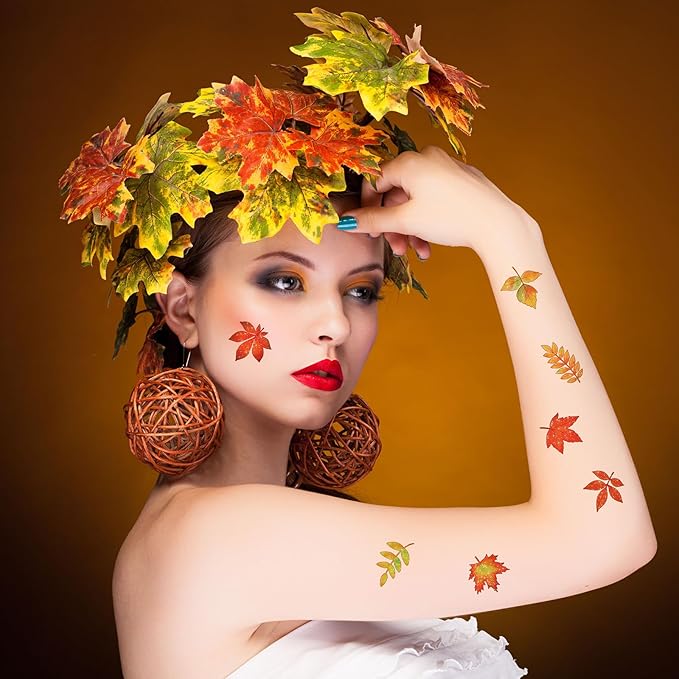 Landhoow 240 Pcs Fall Glitter Temporary Tattoos Fall Leaves Glitter Tattoos Maple Elm Leaves Seasonal Face Temporary Sticker for Autumn Themed Party Body Face Supply