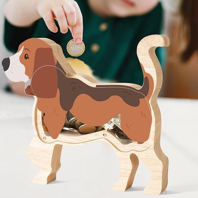 Wooden Beagle Dog Piggy Banks for Kids, Adorable Dog Piggy Bank with Acrylic Panels, Unbreakable Toddler Money Box for Boys Girls, Cute Saving Coin Jar for Birthday Décor