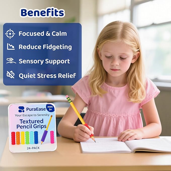 Textured Pencil Grips for Kids, Teens & Adults – 24PC Sensory Fidget Toys for ADHD, Autism, Anxiety & Stress Relief - Ideal for Teachers as Educational Tools or Classroom Rewards