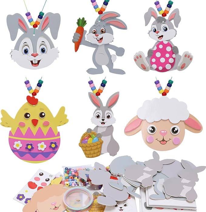 Fennoral 12 Pack Easter Craft Kit for Kids Make You Own Bead Necklace Making Kit for Girls Boy DIY Arts and Crafts for Classroom Art Activities Kids Easter Dress Up Accessories