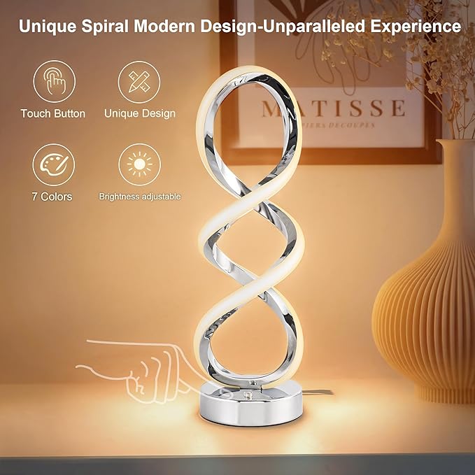 Modern Spiral RGB Table Lamp, Touch Dimmable Bedside Lamp, 7 Colors 10 Light Modes Spiral Design Table Lamp, Unique Nightstand Lamp for Living Room, Bedroom, Cool Lamps, Sliver, 2 Pack