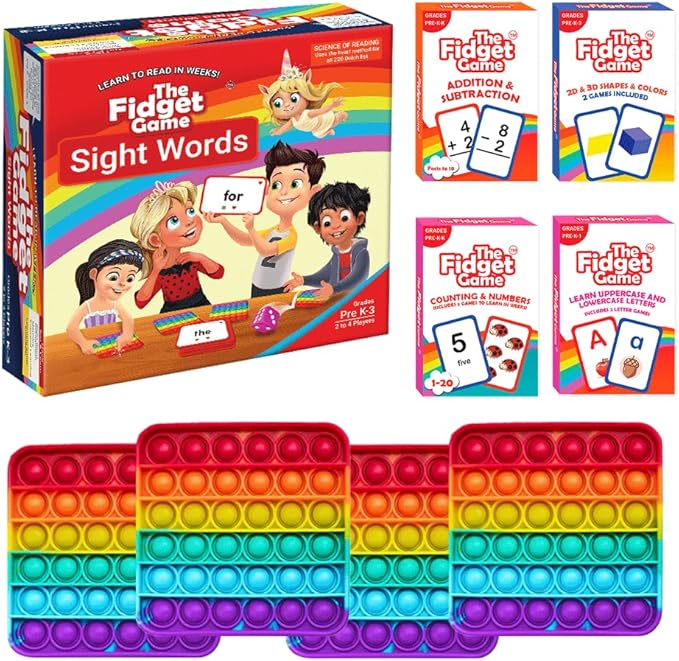 THE FIDGET GAME Kindergarten Learning Bundle - Flashcards and Pop Fidget Toys for Kids Pre-K to Grade 3 - Learning Activities and Games for High-Frequency Dolch Sight Words - Includes Mats and Dice