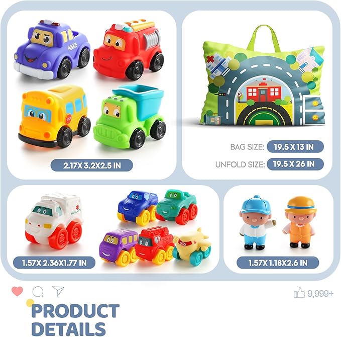 Soft Rubber Toy Figure Car for 1 Year Old Boy with Playmat (Storage Bag)|12 PCS Cartoon Cars Baby Toys for 12-18 Months & Toddler Age 1-2|First Birthday, Valentine Gift for 1 2 3 Year Old Boy
