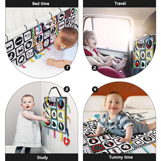 teytoy Tummy Time Floor Mirror, Double High Contrast Play and Pat Activity Mat Black and White Baby Crinkle Toys with Teether, Great Gift for Infants Boys and Girls -Pack of 4