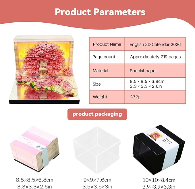 3d Calendar 2026,Hand Tear DIY Art 3d Calendar,Perfect Combination Of Artistic And Practical Design With Lights,Suitable For Note Taking,Decorative Ornaments,Holiday Gifts (huahai-Pink)