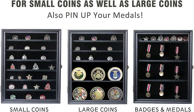Military Challenge Coin Display Case Lockable Wood Cabinet Rack Holder Black Shadow Box with Removable 2 Grooves Shelves and Anti Fade Real Glass Door for Casino Poker Chips Collectibles