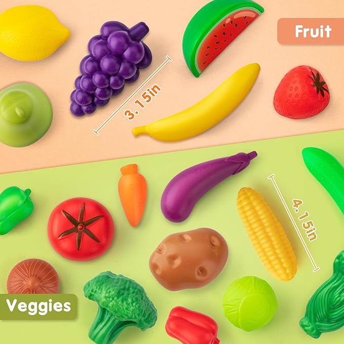 55 Pcs Grocery Store Pretend Play Food Set with Shopping Basket for Kids Toddlers 1-3 4-8, Kids Play Kitchen Accessories Plastic Fake Food Fruits and Vegetables Can Toy Gifts for Boys Girls