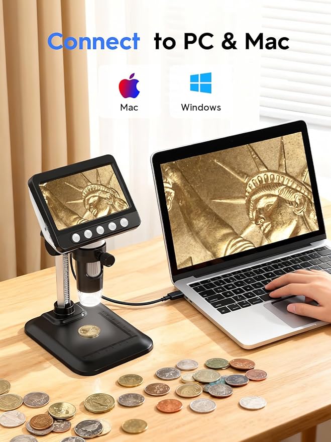 Coin Microscope, 4.3" LCD USB Digital 1000X Coin Magnifier with 8 Adjustable LED Lights, 1080P PC View Compatible with Windows/MacBook for Adults Kids