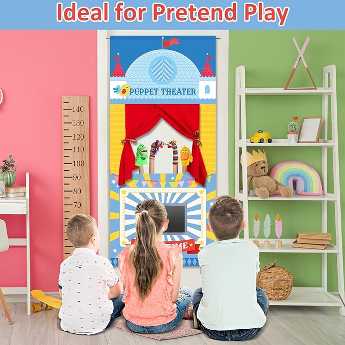 gisgfim Doorway Puppet Theater with 2 Adjustable Rods 31x67 In Blue Red Foldable Hanging Puppet Show Theater for Kids Pretend Play Hand Puppets Educational Kids Activities Toys Easy to Set Up Put Away