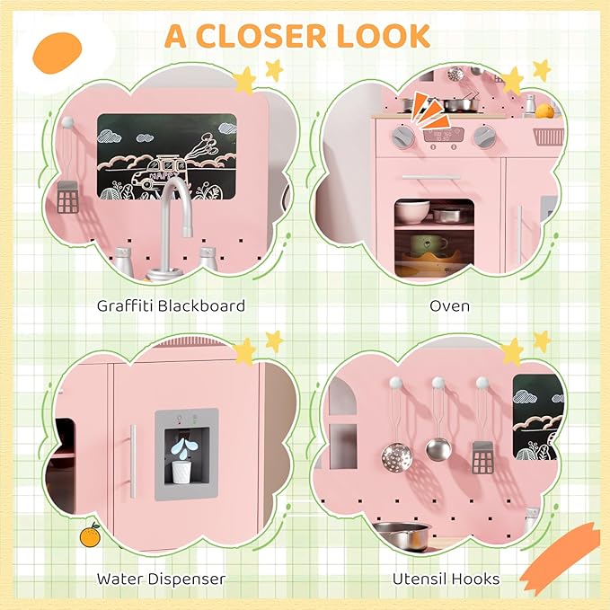 MAMIZO Wooden Kids Play Kitchen Set with Real Lights & Sounds, Interactive Pretend Kitchen with Knob Sounds, Sink, Water Dispenser, 6 Pcs Cookware & Chalkboard Panel for Toddlers and Children (Pink)