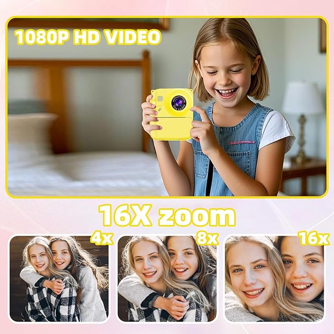 Instant Print Camera for Kids, 1080P Video Camera with 3 Print Rolls, 32GB Card & Cute Cover, Gift for Girls Boys Age 3-12, Toddler Digital Camera with Games, Filters, Music – Yellow