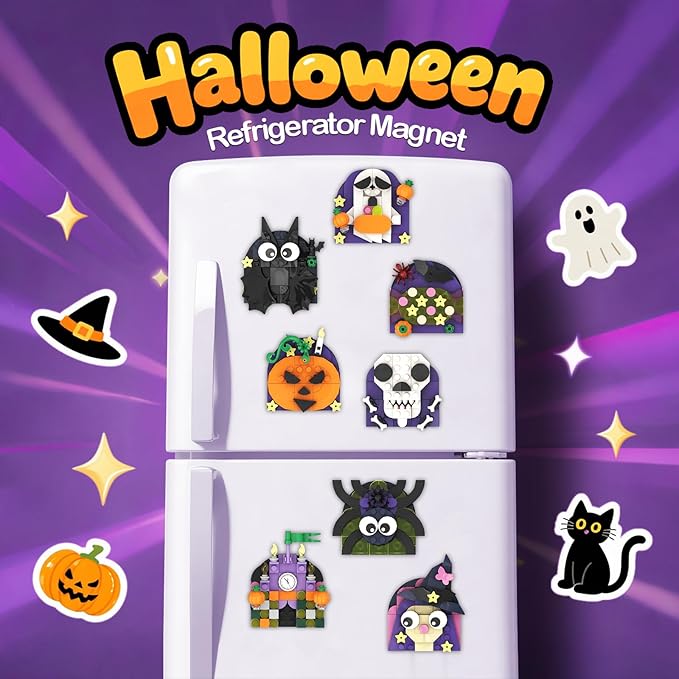 ZYLEGEN Halloween Fridge Magnets Ornaments Building Kit, Ghost, Candy, Bat, Castle, Pumpkin, Spider, Witch Decor Toys Gifts for Halloween Ages 6+ Boys Girls Adults Kids