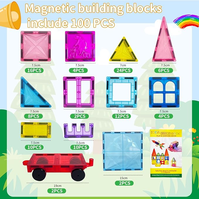 Magnetic Tiles, 100PCS Kids Magnetic Blocks Toy Set, Magnet Tiles 3D Clear Building Blocks Set with 2 Cars, STEM Sensory Educational Toys Gift for Toddlers Boys 3 4 5 6 7 8 9