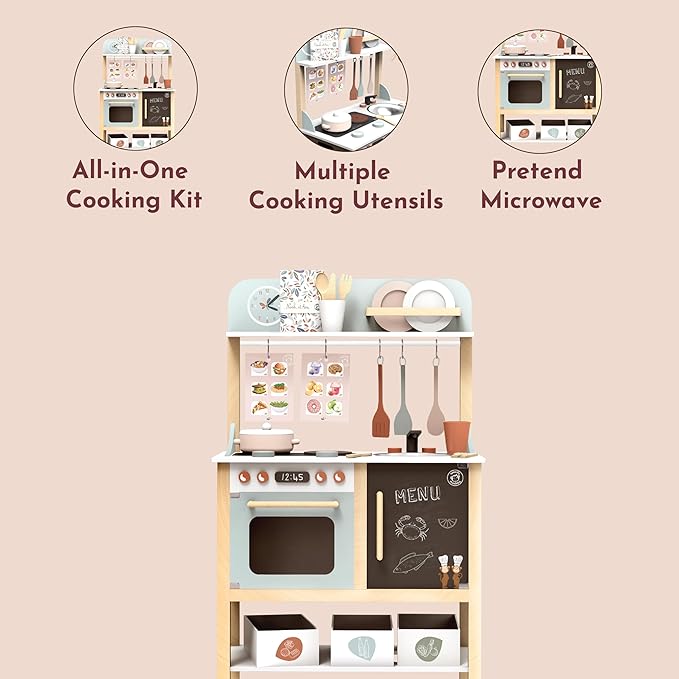 Speedy Monkey Wooden Play Kitchen Set for Kids – 20-Piece Pretend Play Cooking Set, FSC® Certified Wooden Food & Cookware Accessories, Role Play Toy for Toddlers & Little Chefs