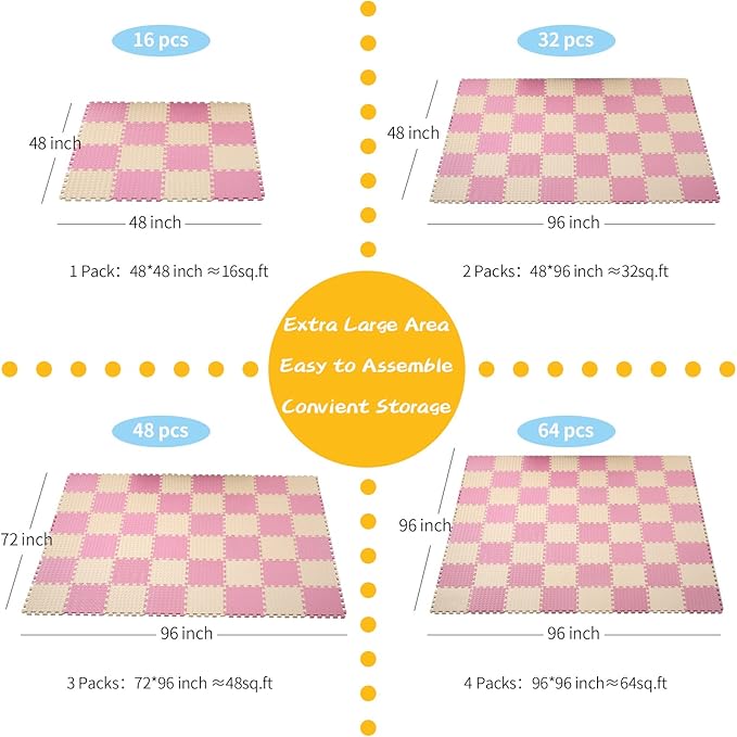 36 Tiles Foam Play Mat for Baby, 0.4 Inch Thick Foam Interlocking Floor Mats, Soft Non-Toxic Baby Playmat, Solid Colored Puzzle Play Mat Kids Floor Mats for Toddler(Beige/Pink)