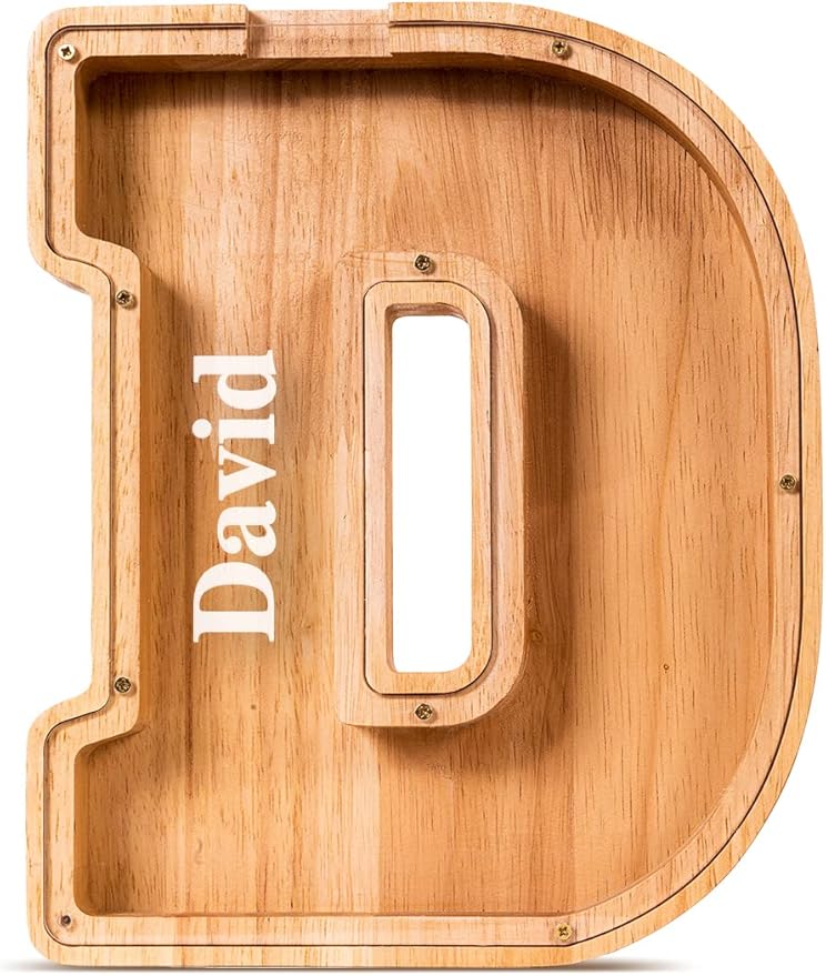 Summidate Customized Name Large Wooden Piggy Bank for Kids Boys Girls Alphabets Letter A-Z Coins Bills Money Change Bank Box Initial on Clear Cover (Laser Engraved) (Alphabet-D, Personalized-9")