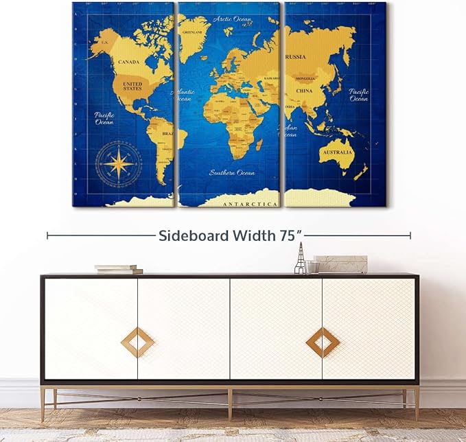 ElephantStock Yellow Longitude World Map Multi Piece Canvas - 3 Panel Wall Decor - Map of the World Art - Canvas for the Office and Home - 65" X 42"
